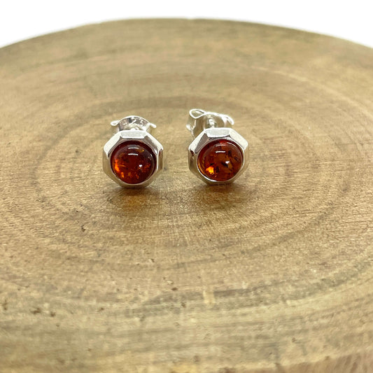 octogon shaped earrings with round amber set in sterling silver