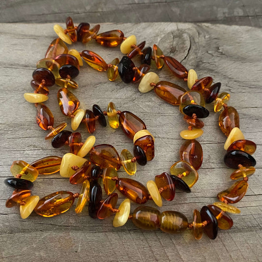 polished beaded mixed coloured amber necklace