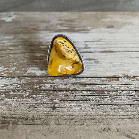 butterscotch triangle shaped amber and silver adjustable ring