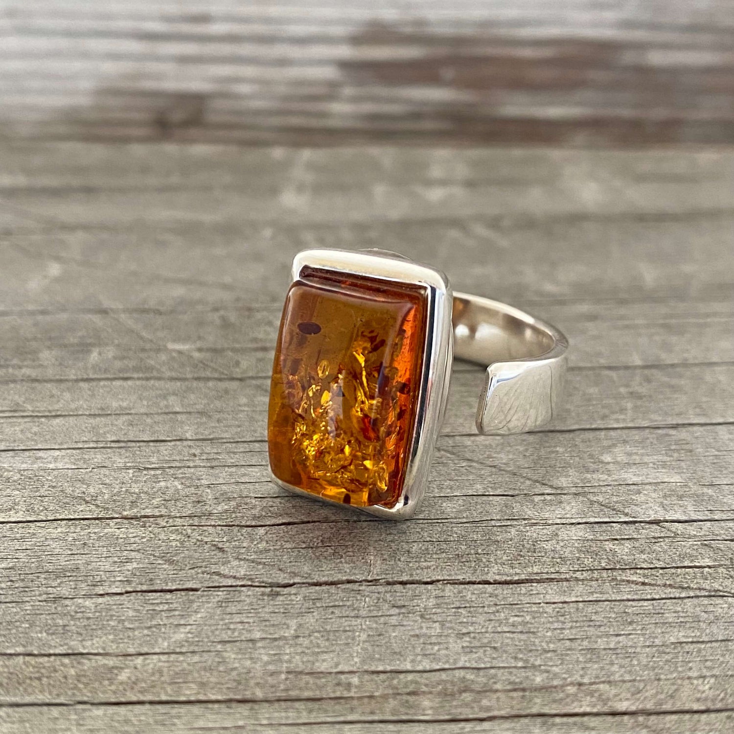 square cognac amber adjustable silver ring