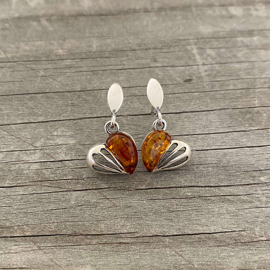 silver and amber love heart shaped stud earrings