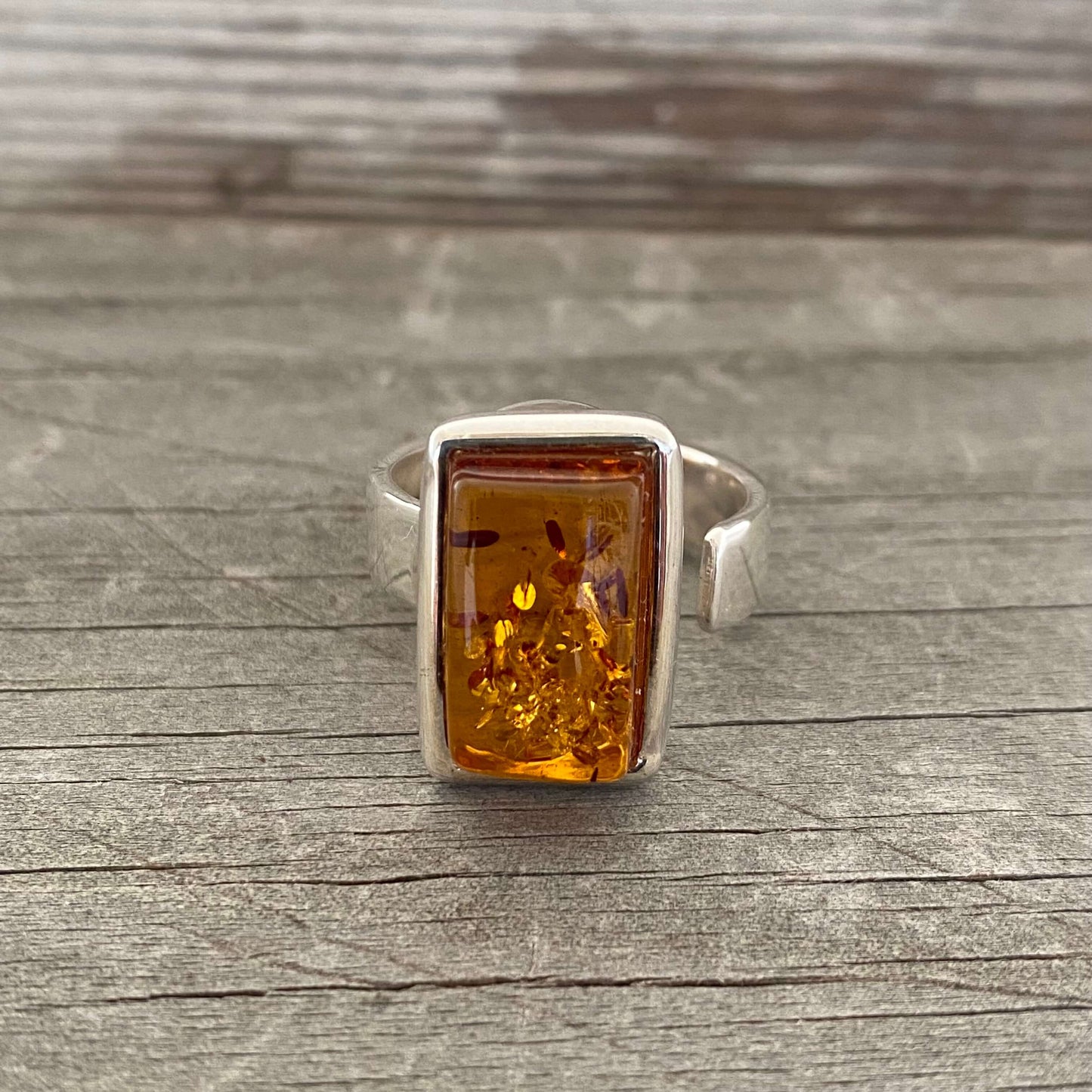 square cognac amber adjustable silver ring