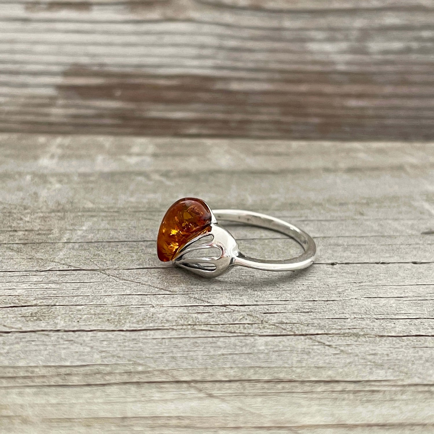 heart shaped amber and sterling silver ring