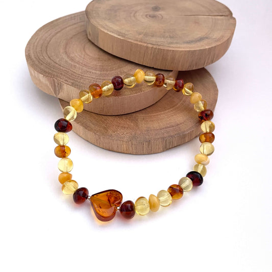 honey, yellow and cognac amber beaded bracelet with cognac coloured love heart