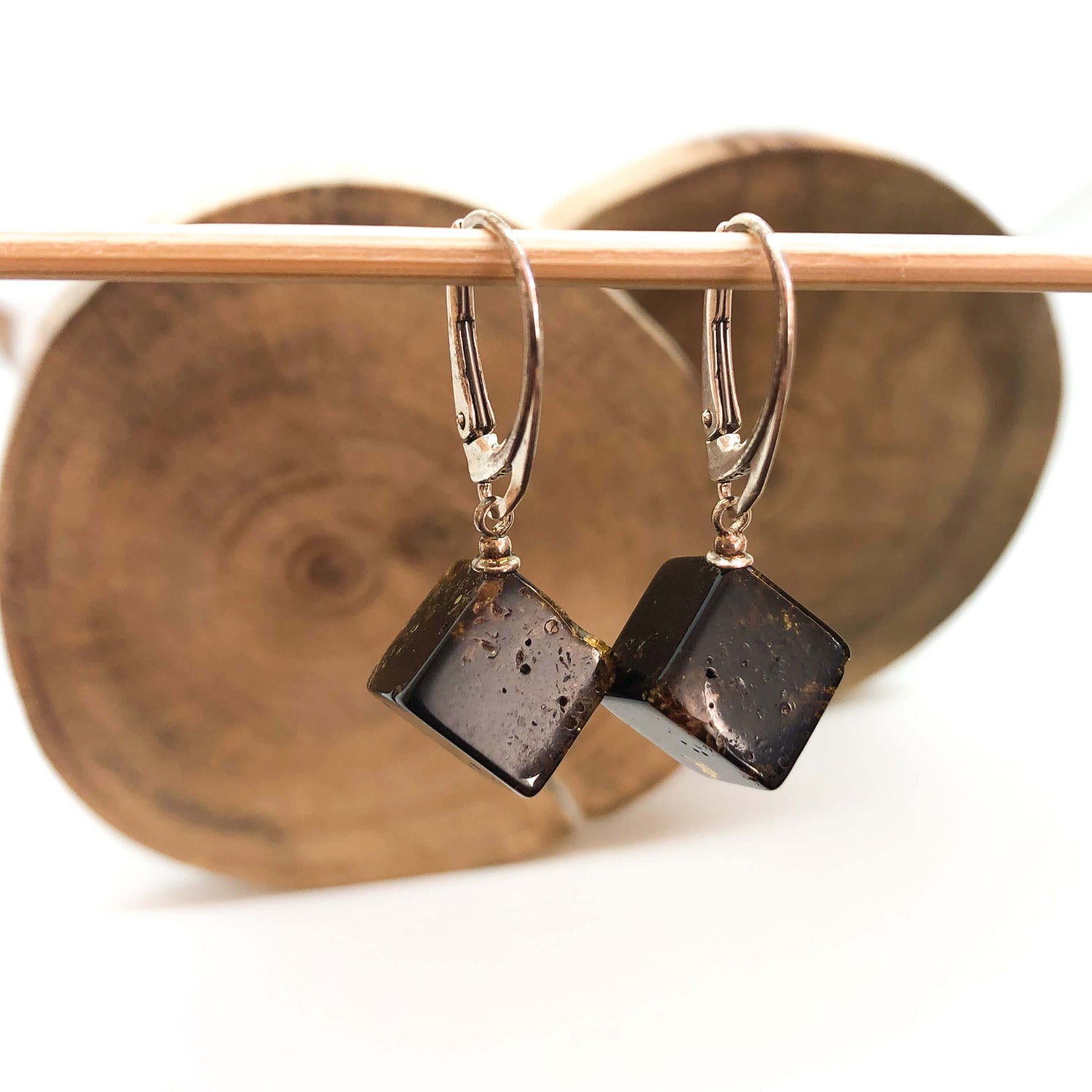 dark cherry amber square hook earrings