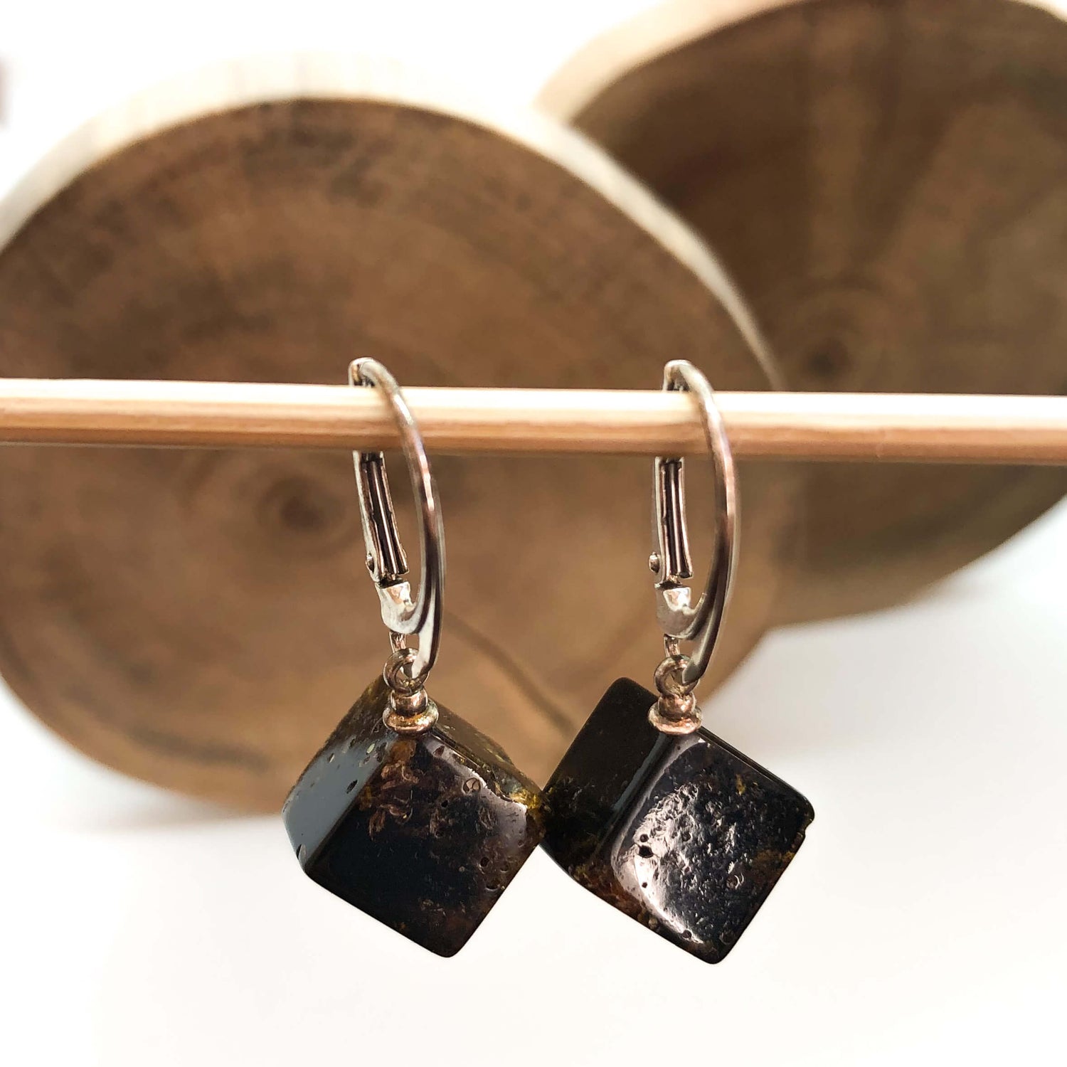 dark cherry amber square hook earrings