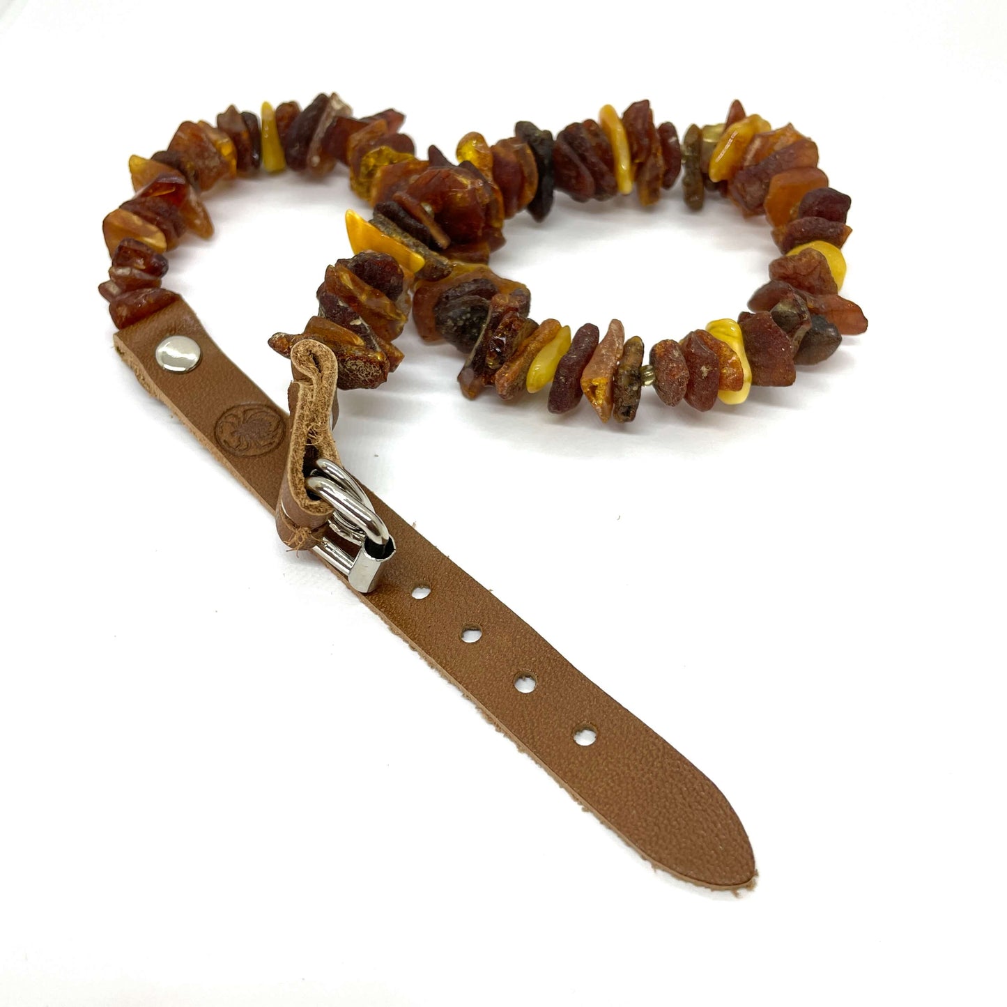 mixed coloured amber pet collar with leather belt