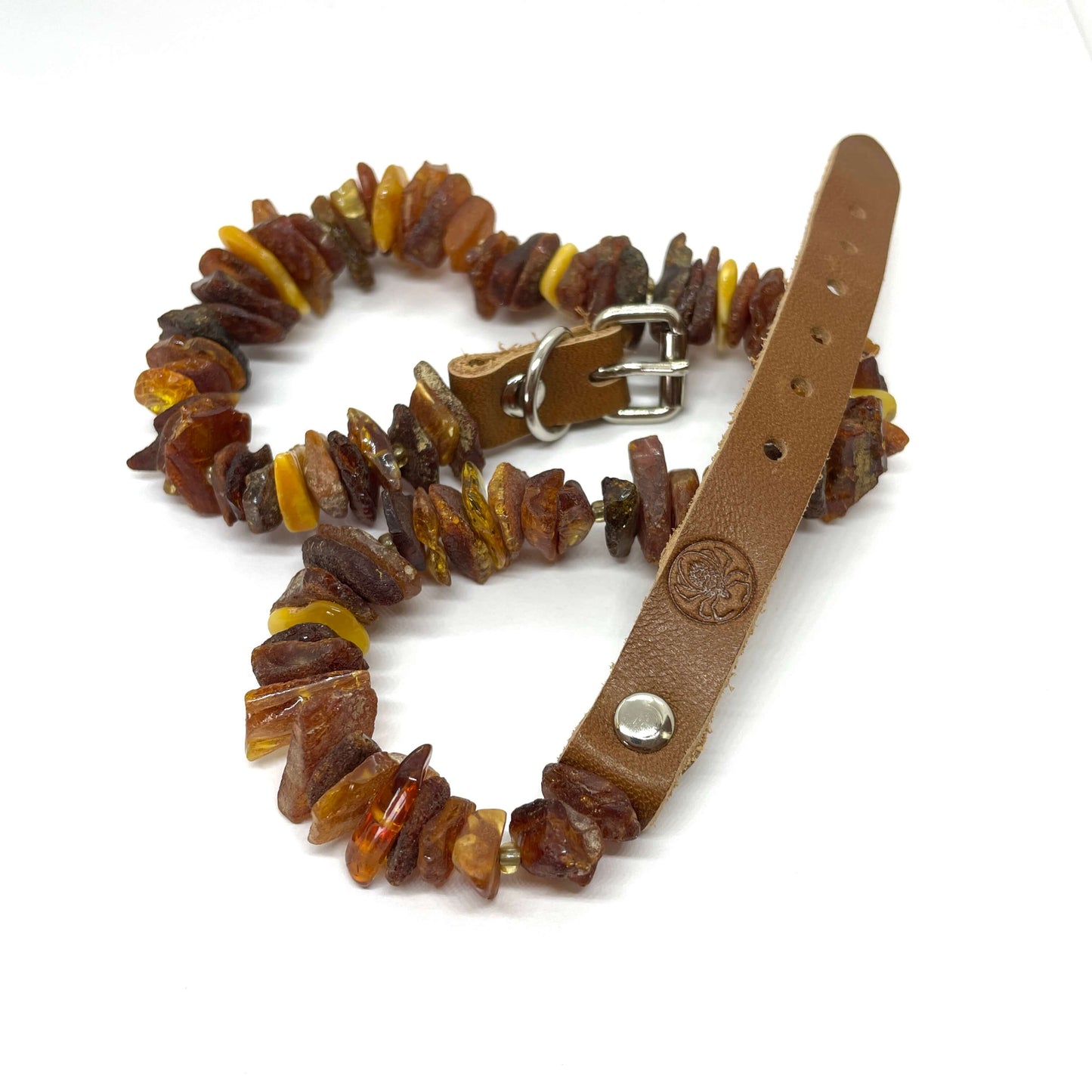 mixed coloured amber pet collar with leather belt