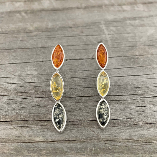 green yellow and cognac coloured amber dangle sterling silver earrings