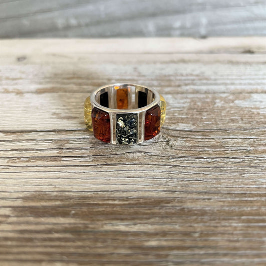 multicoloured amber and sterling silver ring