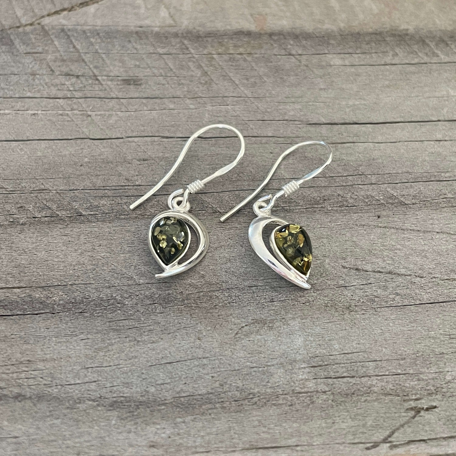 green amber and silver hook earrings