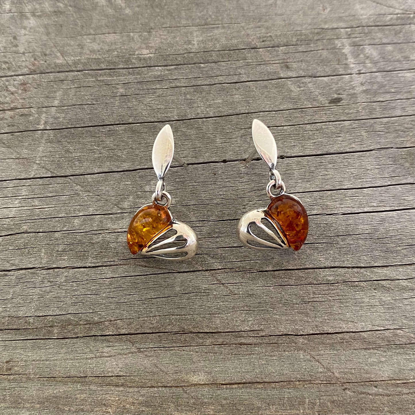 silver and amber love heart shaped stud earrings