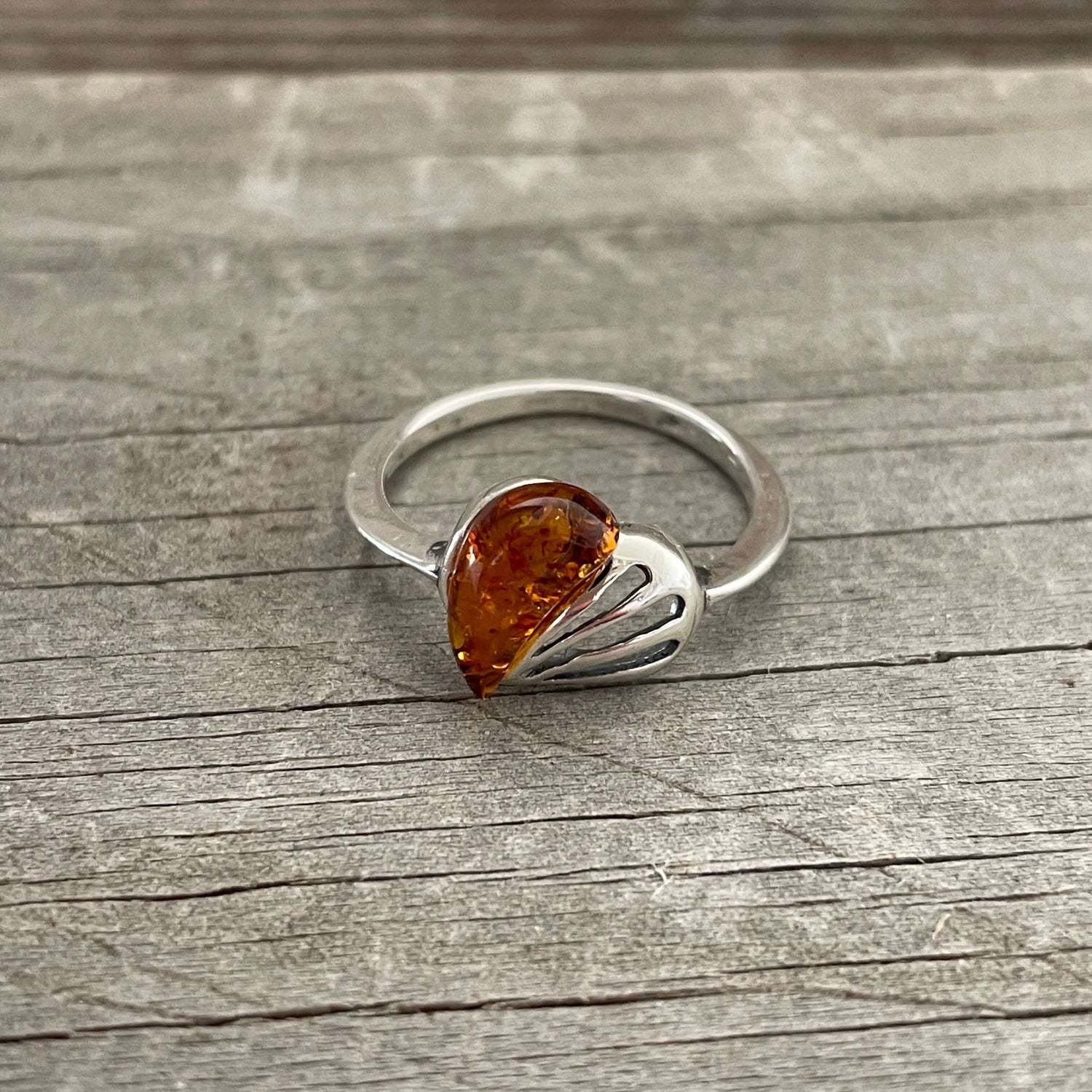heart shaped amber and sterling silver ring