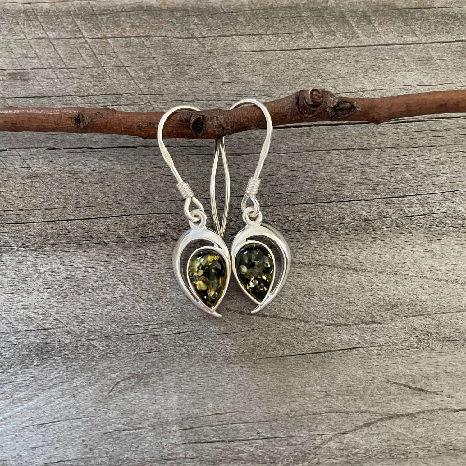 green amber and sterling silver hook earrings