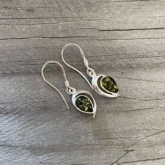 green amber and silver hook earrings