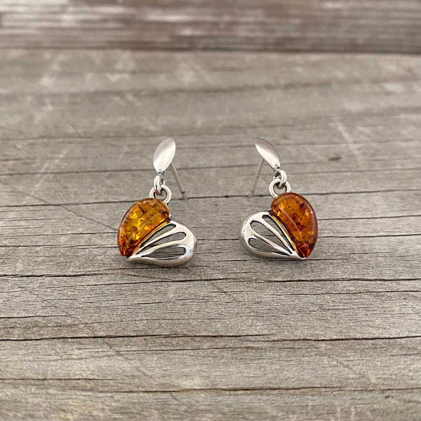 silver and amber love heart shaped stud earrings