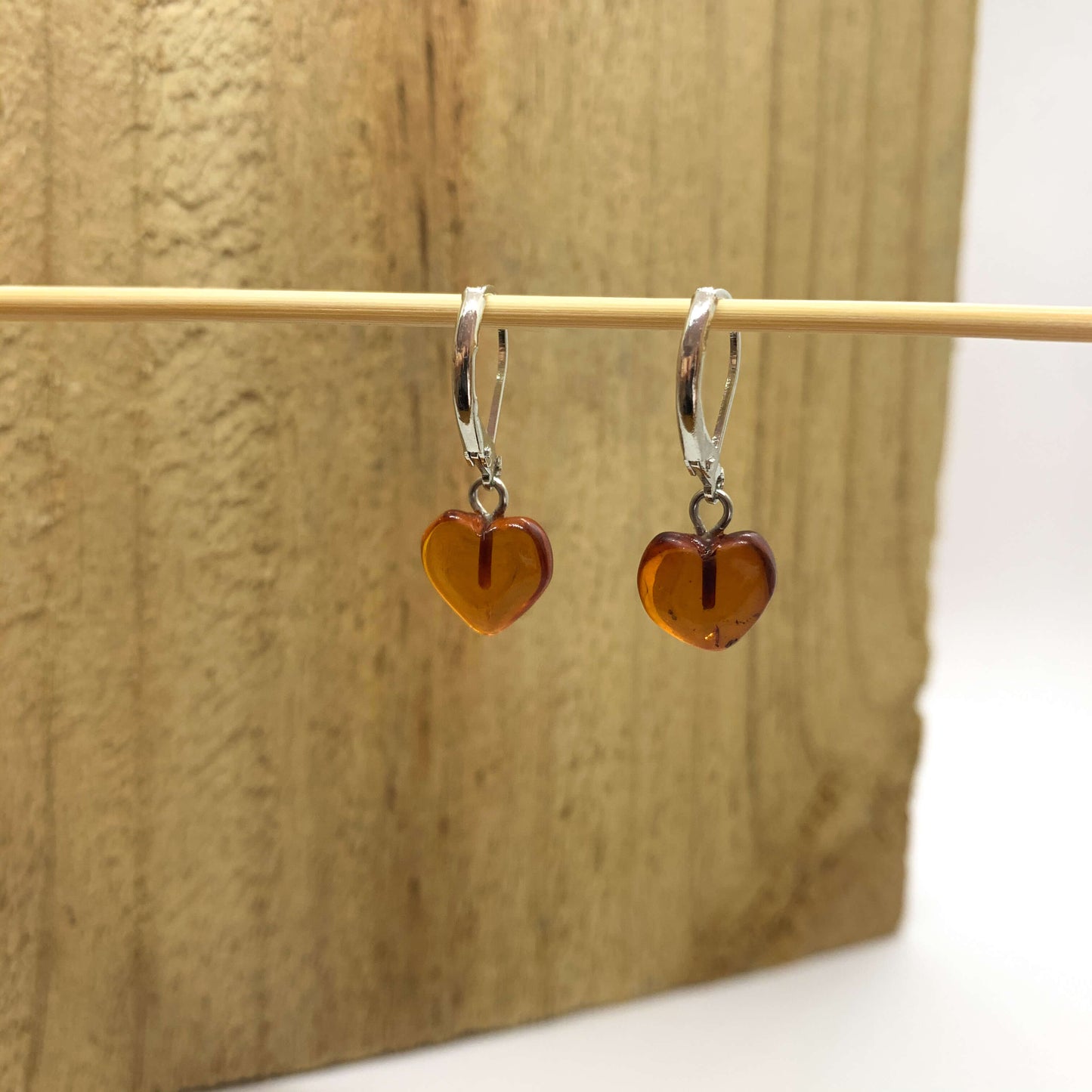 love heart shaped amber hook earrings