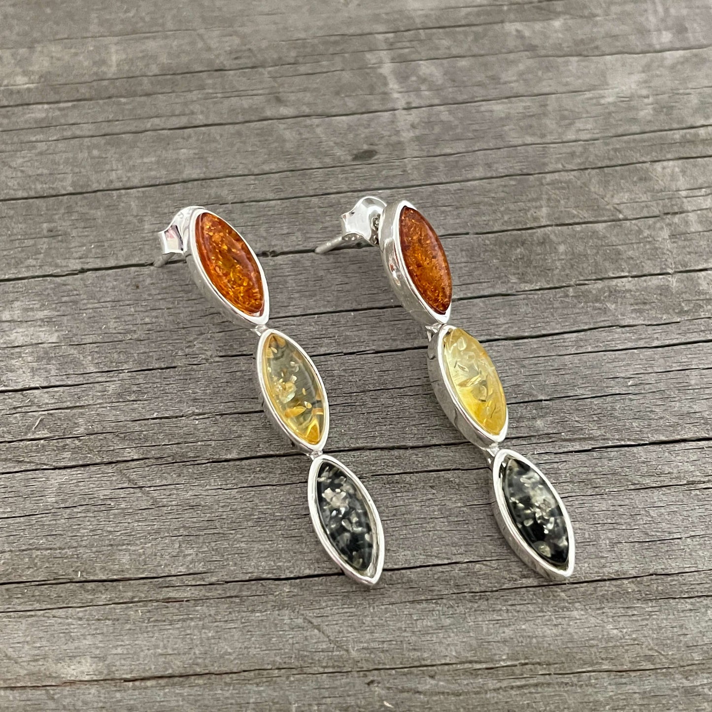 green yellow and cognac coloured amber dangle sterling silver earrings