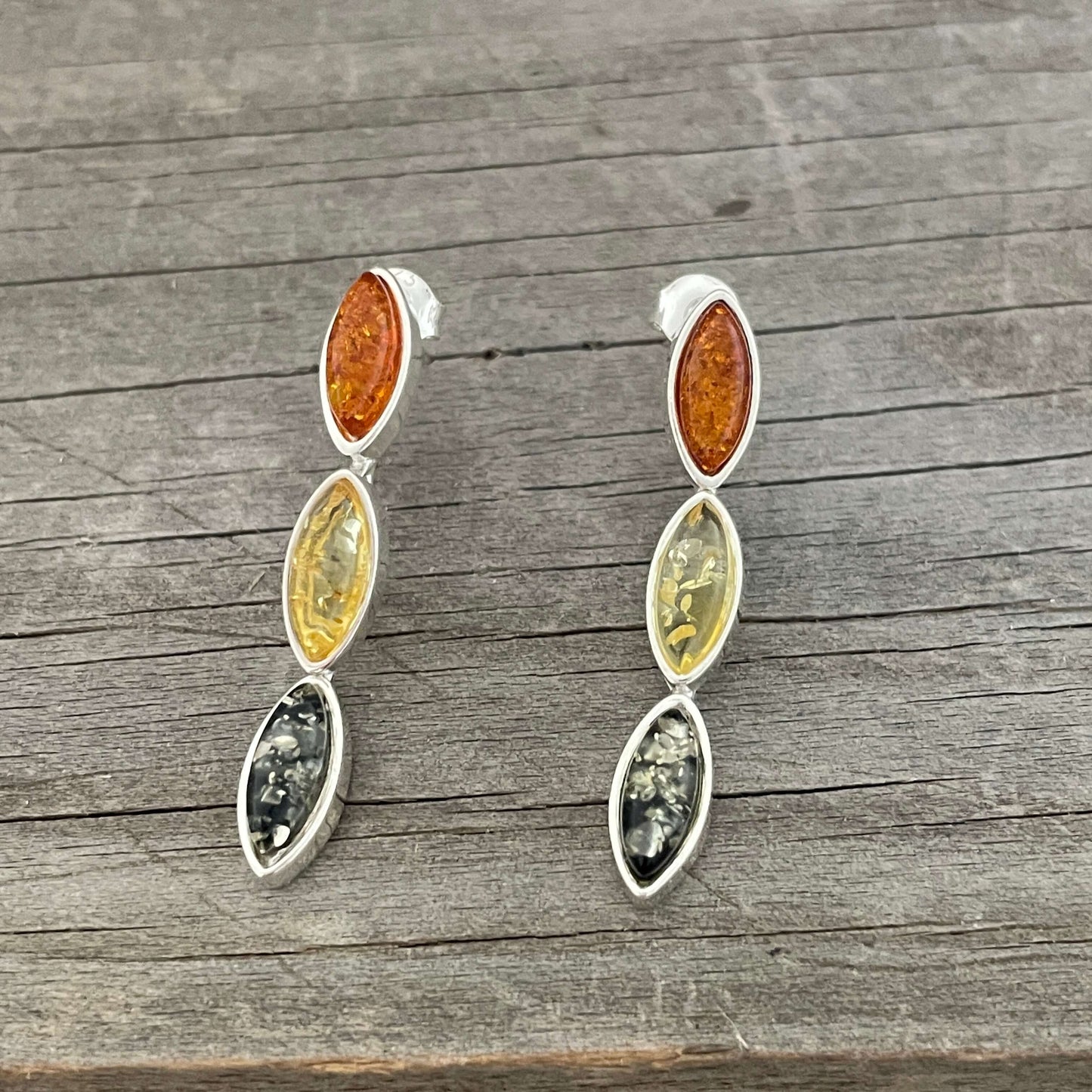 green yellow and cognac coloured amber dangle sterling silver earrings