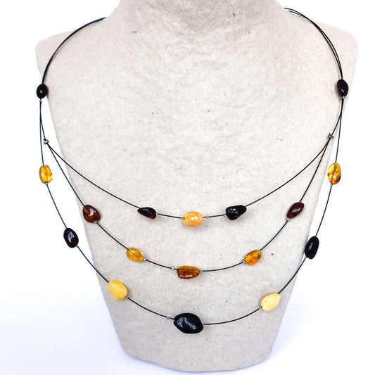 three strand mixed amber necklace on wire