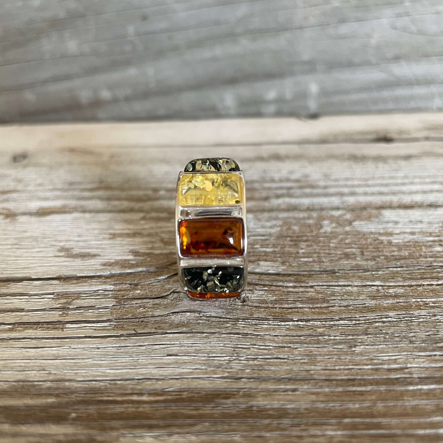 cognac, yellow and green amber sterling silver ring, amber shaped in squares