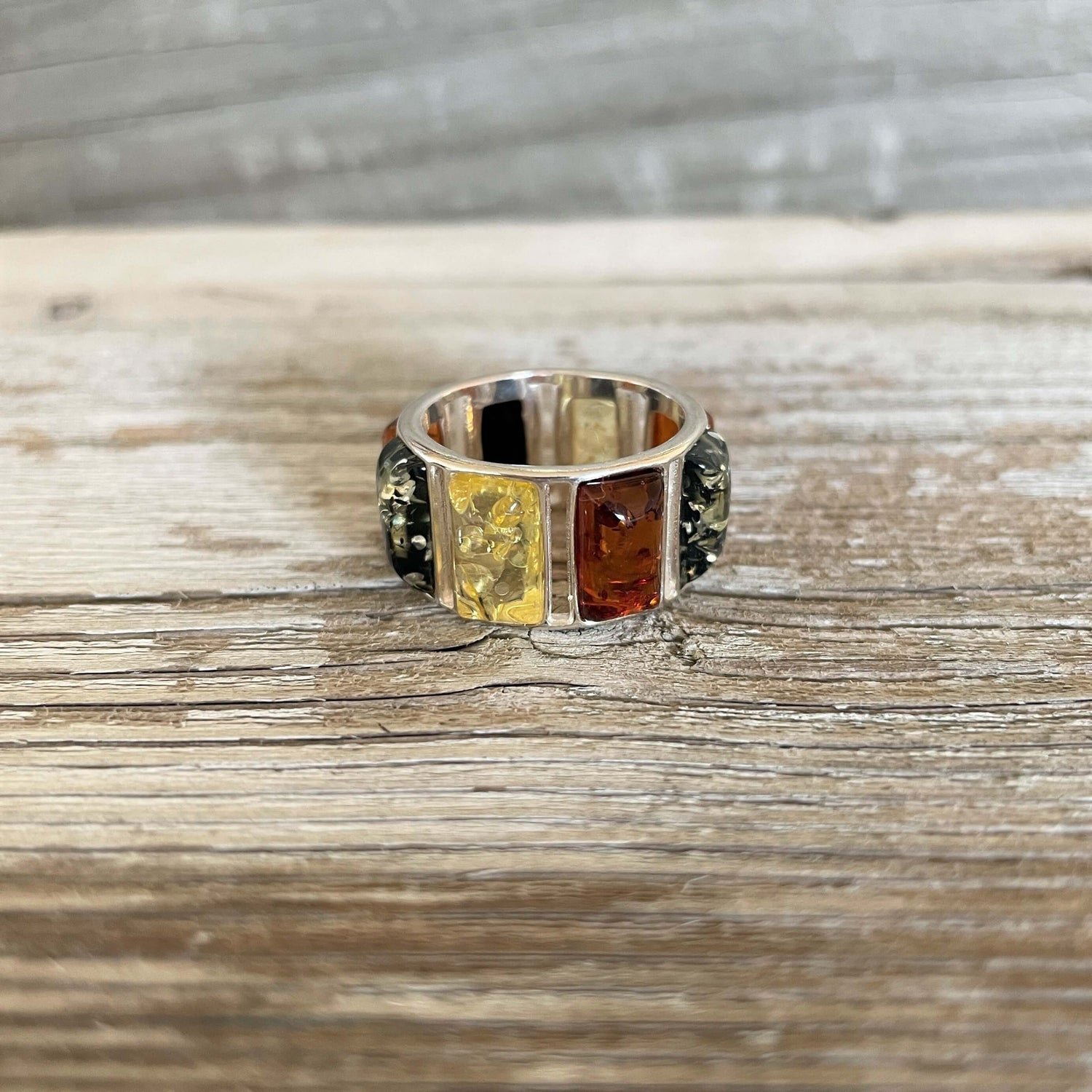 cognac, yellow and green amber sterling silver ring, amber shaped in squares