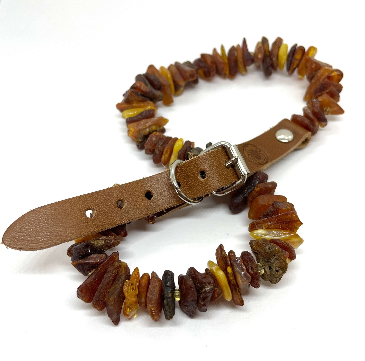 mixed coloured amber pet collar with leather belt