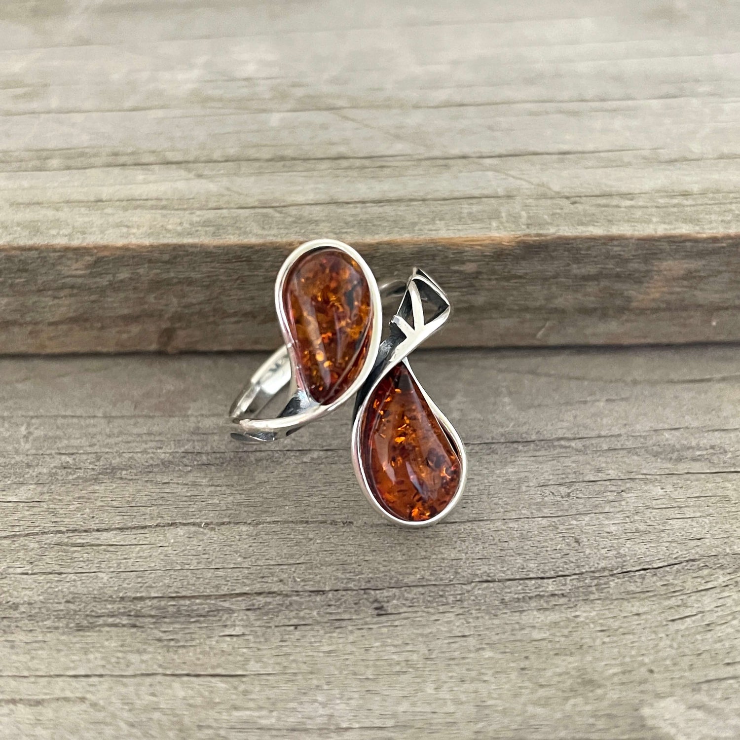two amber stones ring set in sterling silver