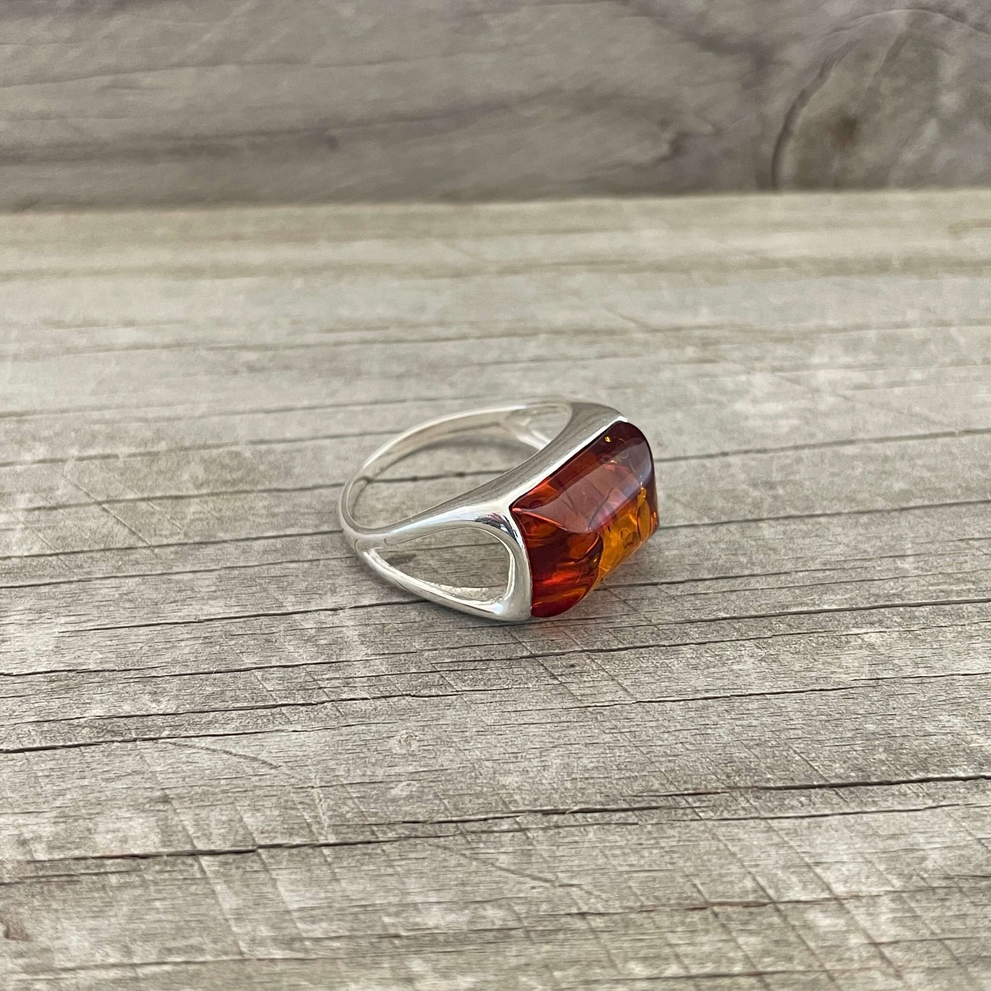 cognac amber rectangular shaped silver ring