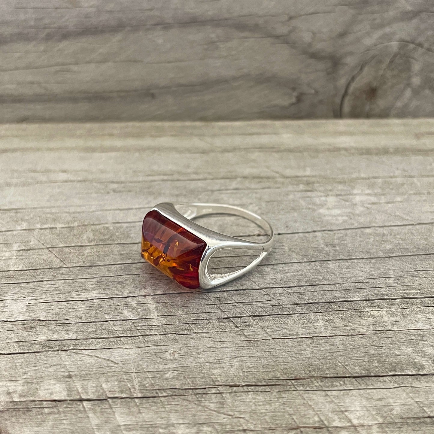 cognac amber rectangular shaped silver ring