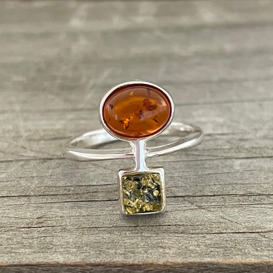 square cognac and square green amber sterling silver ring